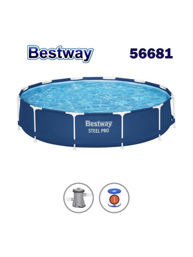 Басейн с конструкция, семеен, сглобяем, 366x76 см, Bestway 56681 Steel Pro, 6473 л., с филтърна помпа