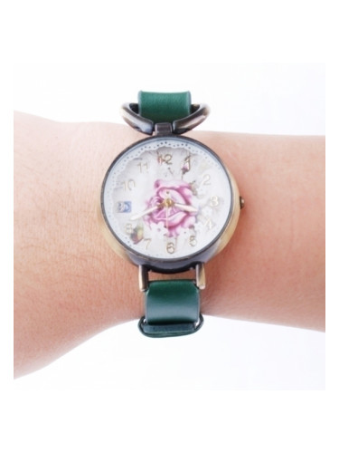 Зелен часовник-гривна с роза