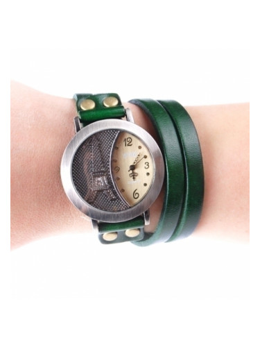 Дамски часовник с зелена кожена каишка