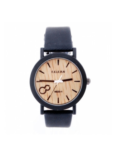 Дамски часовник с черна каишка, имитираща дърво