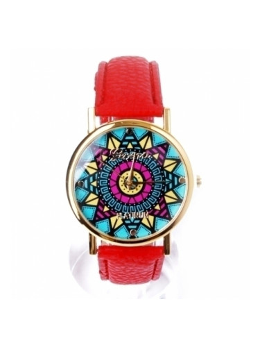 Часовник с червена каишка и цветен циферблат