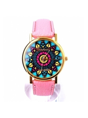 Розов часовник с цветен циферблат