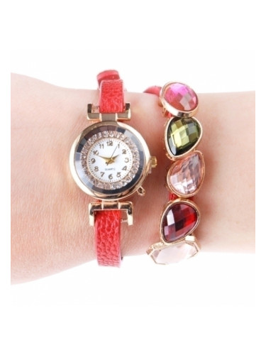 Червен часовник с цветни камъни
