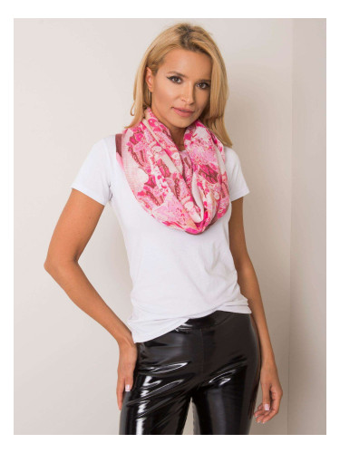 Subdued pink scarf with colorful patterns