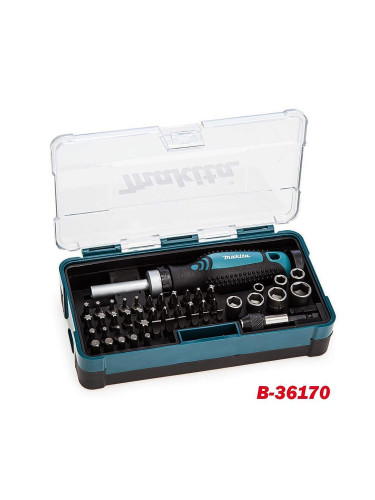 Комплект битове/накрайници, вложки, с магнитен държач и отвертка с тресчотка, 47 части, PH/PZ/SL/H/TX, Makita B-36170