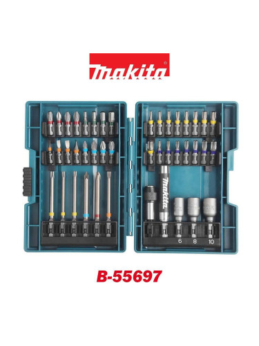 Комплект накрайници/битове с 2 магнитни държачи 1/4" и ударни вложки, 43 части, PH/PZ/SB/TX/SW, Makita B-55697