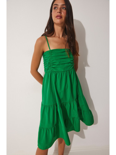 Щастие İstanbul Дамски зелени презрамки, къдри лятна рокля от поплин