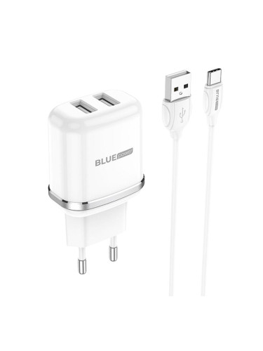 Мрежово зарядно устройство комплект BLUE Power BLBA25A 220V, с 2 USB изхода, 2.4A, с кабел 1м Type C, Бял