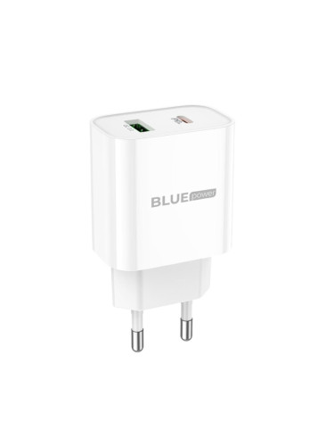 Мрежово зарядно устройство преходник адаптер BLUE Power BC80A PD20W, 3A, 1 x USB-A - 1 x USB-C, Бял