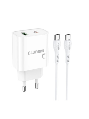 Мрежово зарядно устройство комплект BLUE Power BCC80A Rapido с USB и Type C изход, с кабел Type C-Type C, PD QC3, 20W, Бяло