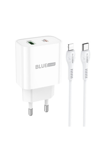 Мрежово зарядно устройство комплект BLUE Power BCC80A Rapido с USB и Type C изход, с кабел Lightning-Type C, PD QC3, 20W, Бяло