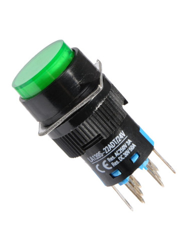 Бутонен превключвател, бутон, ON-ON, отвор ф16, 3A/250VAC, DPDT, LED, зелен