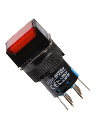 Бутонен превключвател, бутон, ON-ON, отвор ф16, 5A/30VDC, 3A/250VAC, DPDT, LED, червен