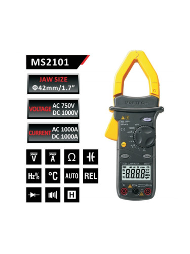 MS2101 - Амперклещи, LCD(4000), Φ42mm, Vac, Vdc, Aac, Adc, °C, F, Ohm, Hz, MASTECH