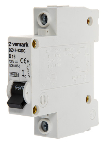 Предпазител, автоматичен, 1P, 16A, B крива, 750VDC, DIN шина, DZ47-63DC, VEMARK