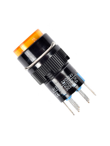 Бутонен превключвател, бутон, ON-(ON), отвор ф16, 3A/250VAC, DPDT, LED, жълт