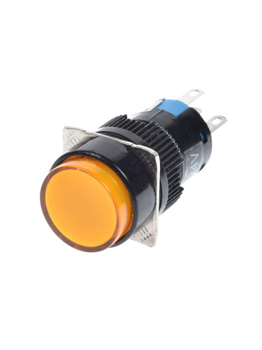 Бутонен превключвател, бутон, ON-(ON), отвор ф16, 5A/30VDC, 3A/250VAC, SPDT, LED, жълт