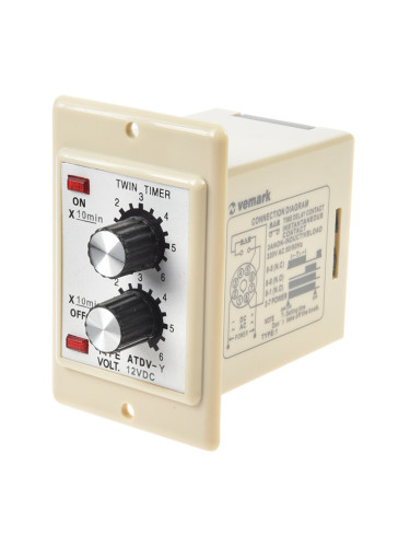 Реле за време, циклично, аналогово, ATDV-Y, 12VDC, NO+NC, 5(2, 0.5)A/250VAC, 0 - 60 min.