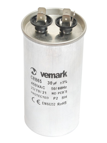 Работен кондензатор, 450VAC, 30uF, 70°C, изводи 6.3x0.8mm, метален, CBB65