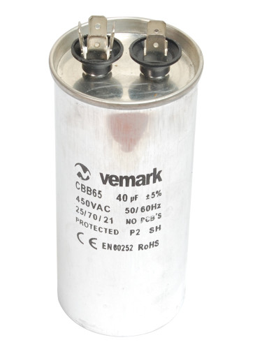 Работен кондензатор, 450VAC, 40uF, 70°C, изводи 6.3x0.8mm, метален, CBB65