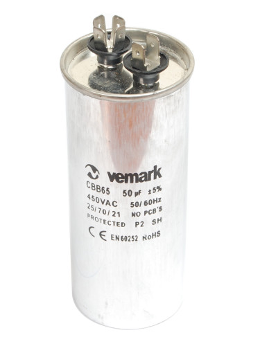 Работен кондензатор, 450VAC, 50uF, 70°C, изводи 6.3x0.8mm, метален, CBB65