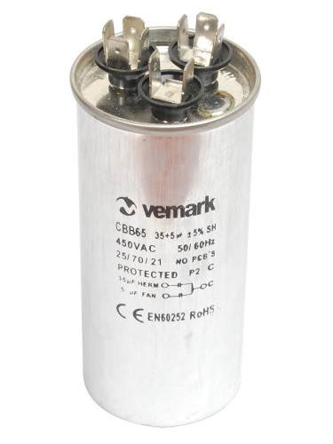 Работен кондензатор, двоен 35uF + 5uF, 450VAC, 70°C, изводи 6.3x0.8mm, метален, CBB65