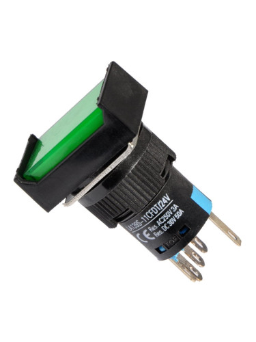 Бутонен превключвател, бутон, ON-ON, отвор ф16, 5A/30VDC, 2A/250VAC, SPDТ, LED, зелен