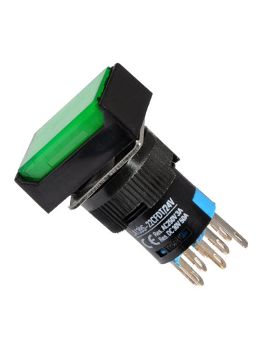 Бутонен превключвател, бутон, ON-ON, отвор ф16, 5A/30VDC, 3A/250VAC, DPDТ, LED, зелен