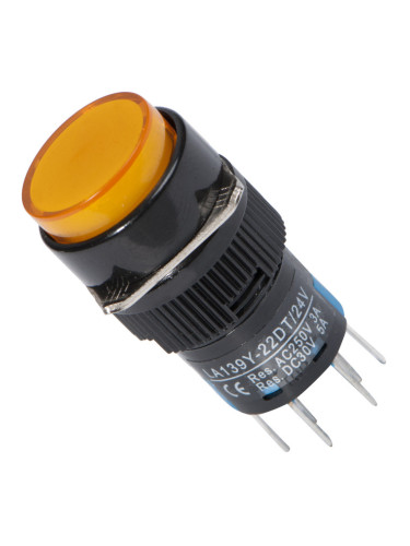 Бутонен превключвател, бутон, ON - ON, отвор ф16, 3A/250VAC, DPDT, LED, жълт