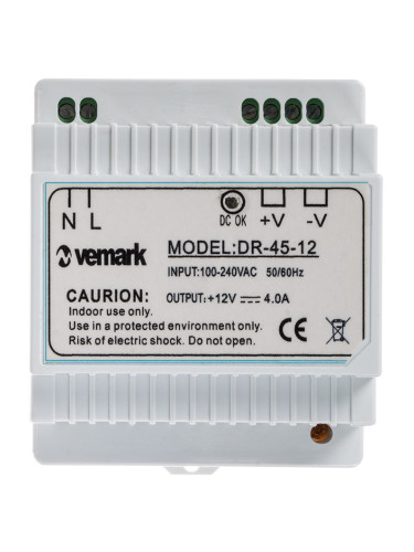 LED захранване за DIN шина 12VDC, 4A, 45W, IP20, VDR45-12