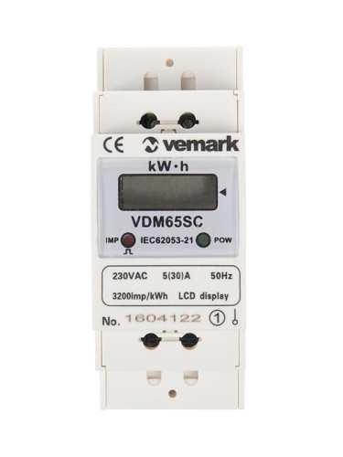 Електромер, еднофазен, еднотарифен VDM65SC, 5(30 А) LCD, за DIN шина, цифров, директен, 220 VAC