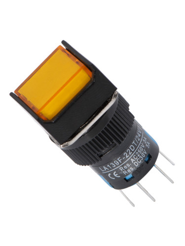 Бутонен превключвател, бутон, ON - ON, отвор ф16, 3A/250VAC, DPDТ, LED, жълт