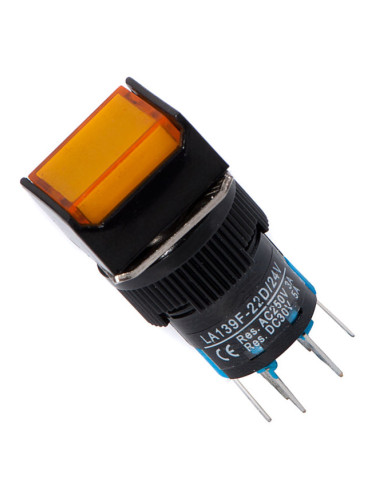 Бутонен превключвател, бутон, ON - (ON), отвор ф16, 3A/250VAC, DPDT, LED, жълт