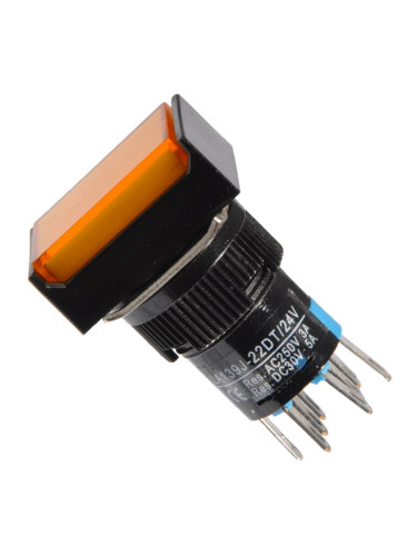 Бутонен превключвател, бутон, ON - ON, отвор ф16, 3A/250VAC, DPDT, LED, жълт