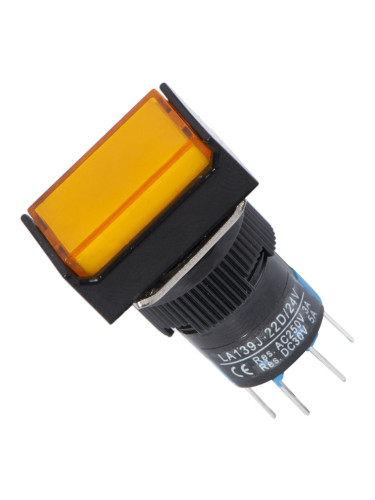 Бутонен превключвател, бутон, ON - (ON), отвор ф16, 3A/250VAC, DPDT, LED, жълт