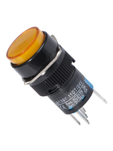 Бутонен превключвател, бутон, ON - ON, отвор ф16, 3A/250VAC, SPDT, LED, жълт