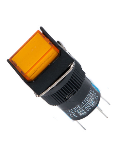 Бутонен превключвател, бутон, ON-(ON), отвор ф16, 5A/30VDC, 3A/250VAC, SPDT, LED, жълт