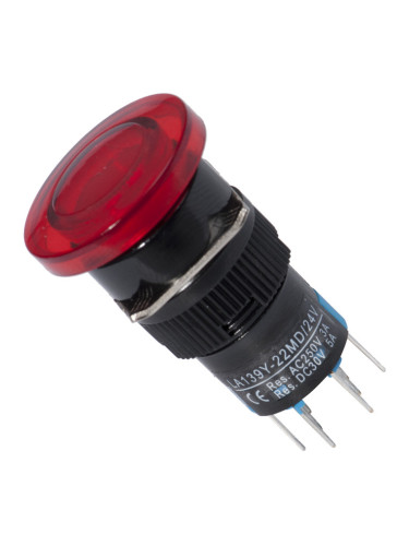 Бутонен превключвател, бутон, ON - (ON), отвор ф16, 3A/250VAC, DPDТ, LED, червен