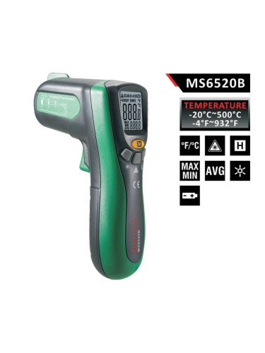 Инфрачервен безконтактен термометър MS6522B, - 20 °C до +500 °C, D:S 10:1 с лазерно насочване, MASTECH