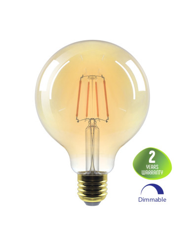 LED лампа FILAMENT, 6W, E27, G95, 230VAC, 515lm, 2200K, топло бяла, amber, сфера, BB47-60620, димируема