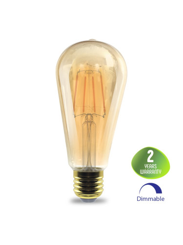 LED filament лампа, 6W, E27, ST64, 230VAC, 540lm, 2200K, топлобяла, amber, капка, BB46-60620, димируема