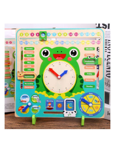 Дървен детски календар с часовник на английски език