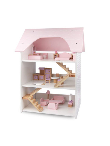 Триетажна дървена  къща за кукли с обзавеждане в розово