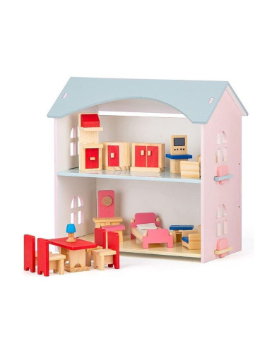 Дървена къща за кукли с обзавеждане Двуетажна, Розово/Синьо