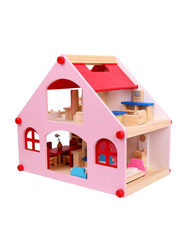 Дървена къща за кукли с обзавеждане, Розова 1413