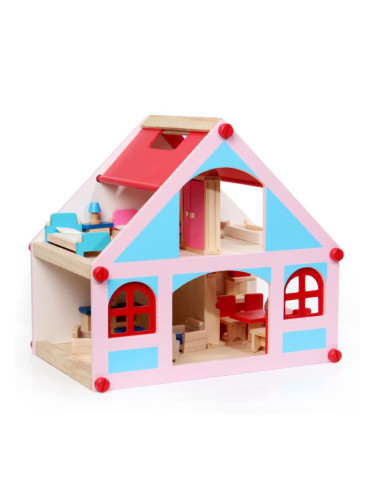 Дървена къща за кукли с обзавеждане, Розова/Синя 1414