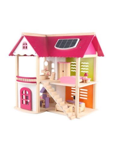 Дървена къща за кукли с обзавеждане и цветни стени