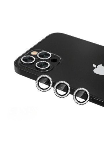 Протектор задна камера метални рингове с камъни MBX за iPhone 13 Pro, 13 Pro Max, Черен