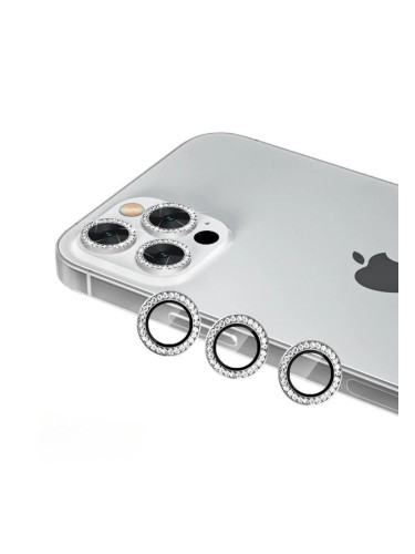 Протектор задна камера метални рингове с камъни MBX за iPhone 13 Pro, 13 Pro Max, Сребрист