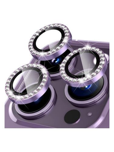 Стъклен протектор с метални рингове и камъни за задна камера MBX за Apple iPhone 14 Pro, 14 Pro Max, Лилав